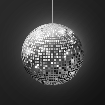 Disco ball mirror. Sphere soffit reflection disco music party silver glitter realistic celebration element, retro halo rays shining mirrorball. Vector 3d isolated on black background single object