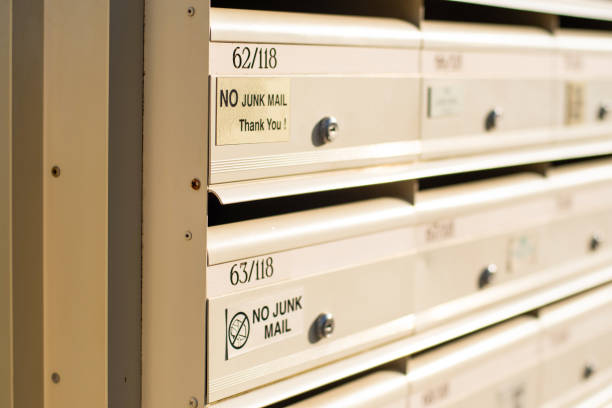 istock No Junk mail sign on letter boxes . Direct mailers opt out. How to stop junk mail catalogs catalogue 1340053554