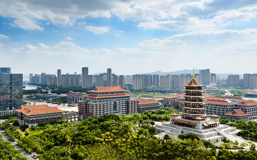 Aerial view of pagoda in the city.