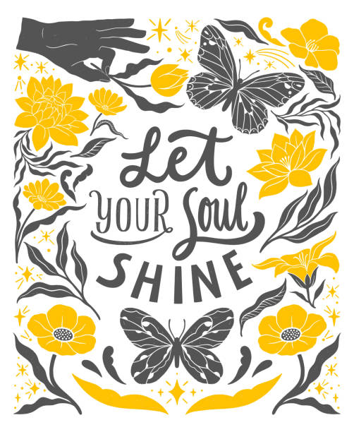 Let your soul shine - inspirational hand written lettering quote. Floral decorative elements, magic hands keeping flower, cosmic, mystic celestial style poster. Feminist women phrase. Trendy linocut style ornament. Let your soul shine - inspirational hand written lettering quote. Floral decorative elements, magic hands keeping flower, cosmic, mystic celestial style poster. Feminist women phrase. sayings stock illustrations