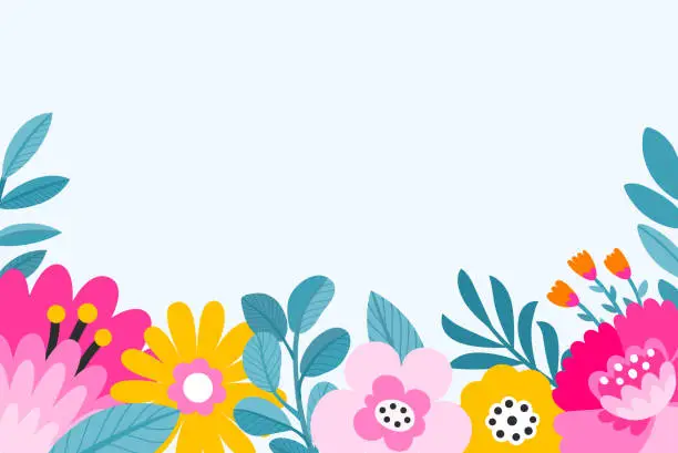 Vector illustration of Vector flower border. Colorful floral illustrations. Botanical frame minimalist modern ornament. Natural background decoration. Seasonal spring summer banner. Elegant greeting card template.