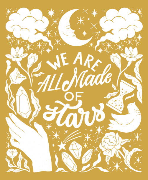 We are all made of stars - inspirational hand written lettering quote. Floral decorative elements, magic hands keeping crystal, witchy, mystic celestial style poster. Feminist women phrase. Trendy linocut style ornament. We are all made of stars - inspirational hand written lettering quote. Floral decorative elements, magic hands keeping crystal, witchy, mystic celestial style poster. Feminist women phrase. bohemian fashion stock illustrations