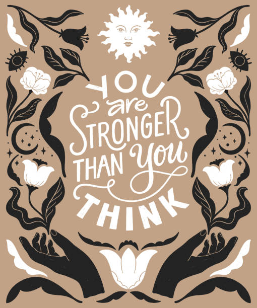 You are stronger than you think- inspirational hand written lettering quote. Trendy linocut style ornament. Floral decorative elements, celestial style poster. Equality feminist women phrase. You are stronger than you think- inspirational hand written lettering quote. Trendy linocut style ornament. Floral decorative elements, celestial style poster. Equality women phrase. ethereal illustrations stock illustrations