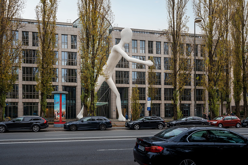 Munich, Germany - Nov 01, 2019: Walking Man by Jonathan Borofsky - Munich, Bavaria, Germany