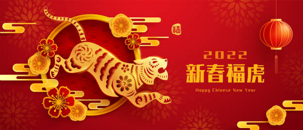 Happy Chinese New Year 2022. Year of The Tiger. Paper graphic cut art of golden tiger symbol and floral with oriental festive element decoration on red background. Translation - (title) Auspicious year of the tiger. Happy Chinese New Year 2022. Year of The Tiger. Paper graphic cut art of golden tiger symbol and floral with oriental festive element decoration on red background. Translation - (title) Auspicious year of the tiger. lunar new year stock illustrations