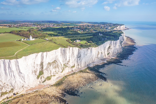 Drone aerial view of the beach and white cliffs, Botany Bay, England, UK