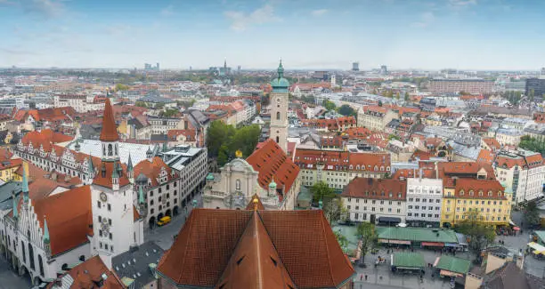 Panoramic aerial view of Munich with Old Town Hall (Altes Rathaus), Heiliggeistkirche church and Viktualienmarkt - Munich, Bavaria, Germany