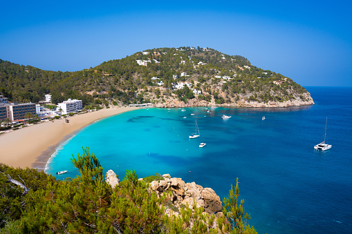 Ibiza Cala Sant Vicent also San Vicente aerial in Balearic Islands