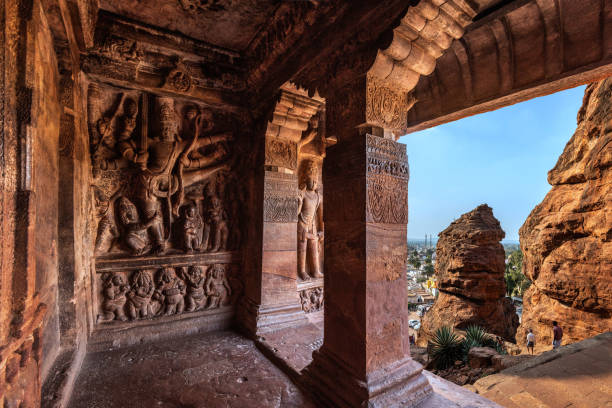 Badami, Karnataka, India - January 10, 2020 : Badami Cave Temples, Karnataka. It is unesco heritage site and place of amazing chalukya dynasty sotne art.