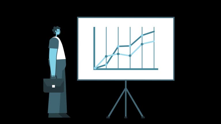 Cartoon Man with Briefcase Talking Near Graph Board. Flat Design 2d Character Isolated Loop Animation with Alpha Matte