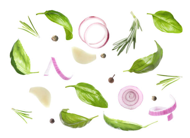 istock Set with fresh basil leaves and other ingredients on white background 1340060932