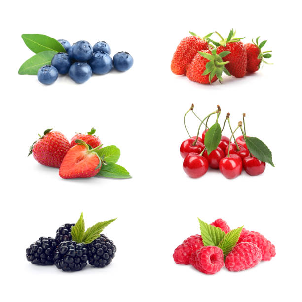 istock Set of different ripe berries on white background 1340061011