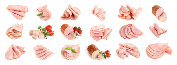 set of tasty hams on white background. banner design - bologna imagens e fotografias de stock