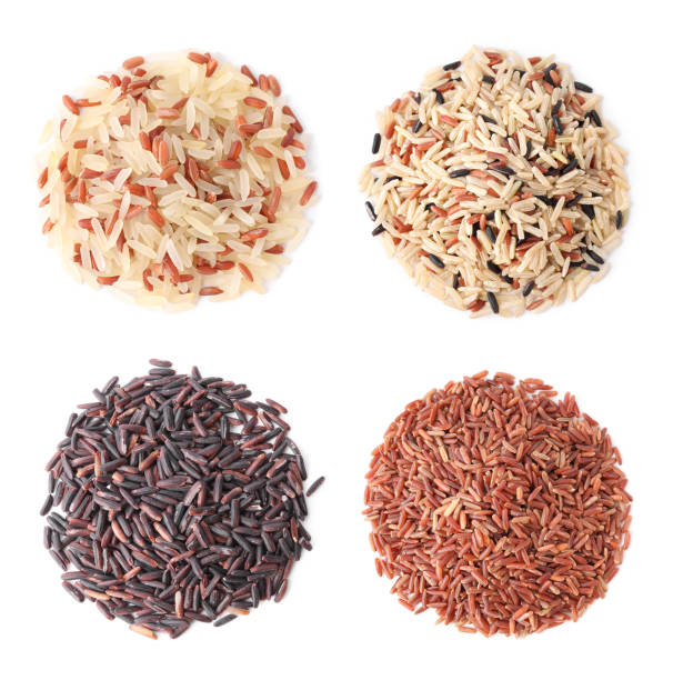 istock Set with different types of rice on white background, top view 1340061026