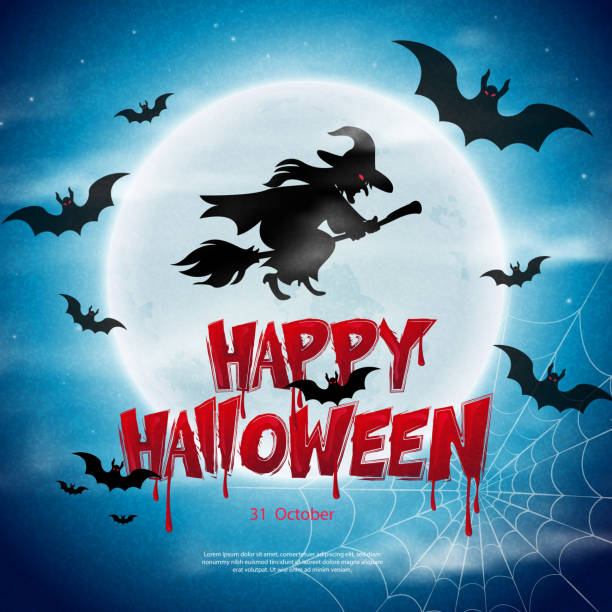 ilustrações, clipart, desenhos animados e ícones de feliz halloween noite assustadora noite lua cheia morcego aranha teia voadora bruxa e texto de design tipográfico sangrento - bat halloween spider web spooky