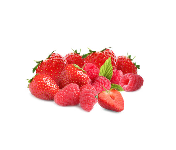 istock Ripe raspberries and strawberries on white background 1340061076