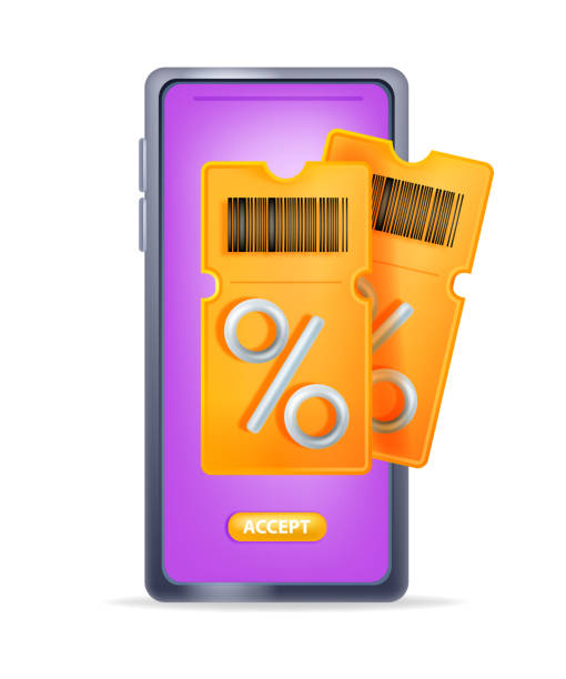 3D discount coupon vector illustration, sale ticket voucher, smartphone screen, yellow lucky pass. Online shopping, customer benefit point, mobile app promotion bonus concept. 3D coupon clipart 3d barcode stock illustrations