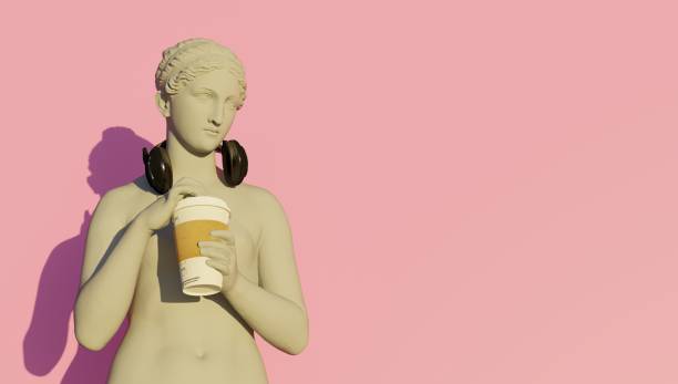 3d rendering. Goddess Hypnos drinking coffee while listening to music stock photo