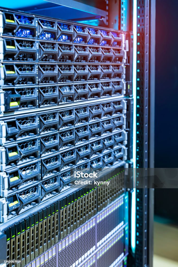 Panel modern servers in the data center vertical Data Center Stock Photo