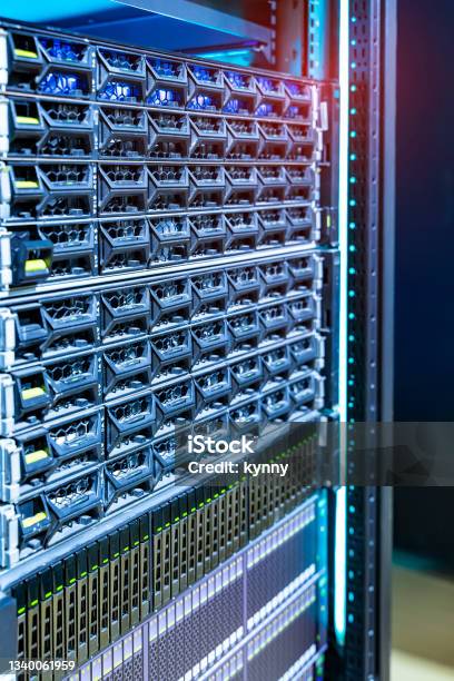 Panel Modern Servers In The Data Center Vertical Stock Photo - Download Image Now - Data Center, Storage Compartment, Disk