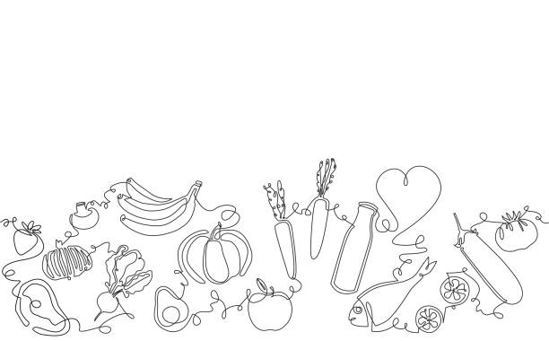 Background with Organic Food. Pattern with vegetables, fruits, milk, meat and fish. Background with Organic Food. Pattern with vegetables, fruits, milk, meat and fish. Continuous drawing style. Vector illustration. meat cartoon stock illustrations