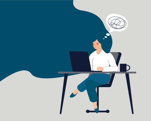 Professional worker sitting in front of her computer and feeling upset. Young woman addicted to internet and have a headache. Vector illustration. Mental health problems, anxiety, depression, work stress, freedom concept. emotional stress illustrations stock illustrations