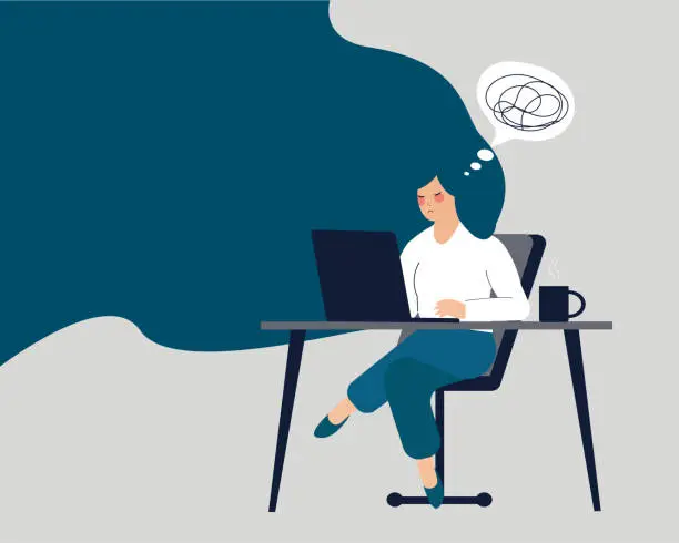 Vector illustration of Professional worker sitting in front of her computer and feeling upset. Young woman addicted to internet and have a headache. Vector illustration.