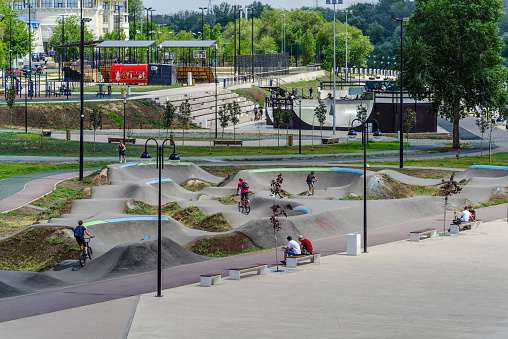 Orenburg, Russia - July, 12, 2021: Ural river embankment, recreation and walking area