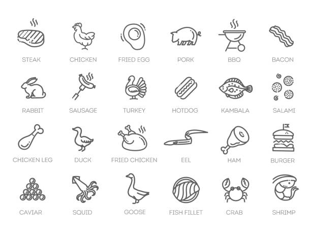 fleisch, geflügel, fisch und eier - minimales dünne-linien-web-icon-set - roast chicken restaurant food vector stock-grafiken, -clipart, -cartoons und -symbole