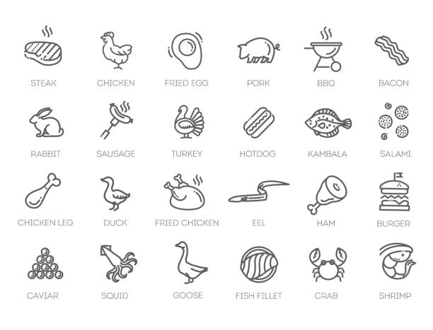 ilustrações, clipart, desenhos animados e ícones de carne, aves, peixes e ovos - mínimo conjunto de ícones da web de linha fina - seafood steak variation prepared fish