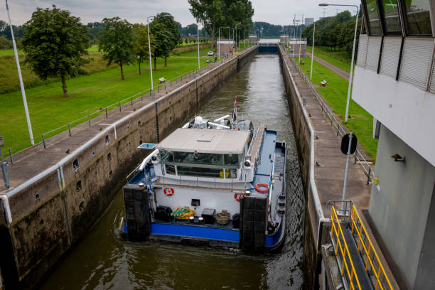 View on a ship in a sluice in the river 'the Maas\