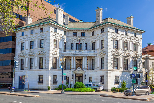 The Patterson Mansion (also known as the Patterson House or the Washington Club) is a historic mansion located at15 Dupont Circle NW in Washington, D.C., USA. Clear Blue Sky is in background. Canon EF 24-105mm/4L IS USM Lens. The image taken on March 29, 2012.