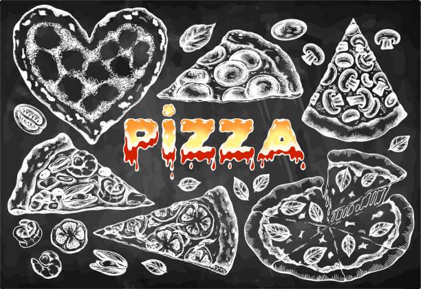 illustrazioni stock, clip art, cartoni animati e icone di tendenza di sketch disegnato a mano set di pizza da disegno a gesso isolato su lavagna. doodle cibo italiano. - pizza margherita