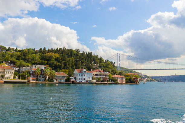 Istanbul skyline from Bosphorus strait, Turkey Sunny landscape with bright houses over the water edge of the Bosphorus Strait in Istanbul, Turkey bosphorus stock pictures, royalty-free photos & images