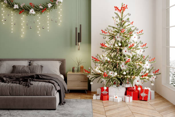 istock Modern Bedroom With Christmas Decoration 1340077962