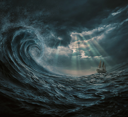 ilustración del barco en la tormenta, olas gigantescas photo