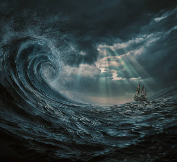 illustration of the ship in the storm, gigantic waves - tempestade imagens e fotografias de stock