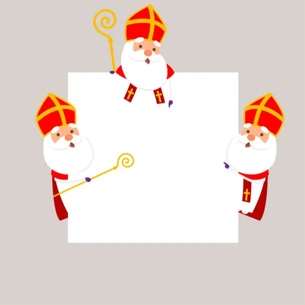 Vector illustration of Saint Nicholas or Sinterklaas on left and right side of board and on top - grouped and isolated vector illustration