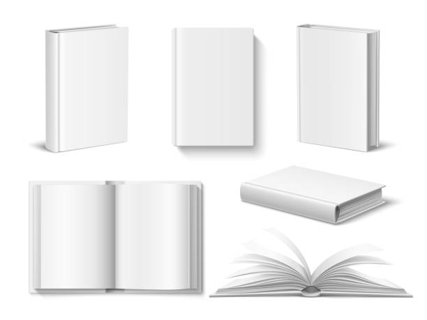 realistyczna makieta książek. biała pusta otwarta i zamknięta książka w twardej oprawie, pod różnymi kątami, widokiem z góry i z przodu, pustymi stronami, zestawem wektorowym - book stock illustrations