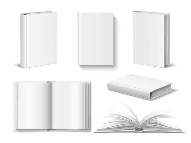 Vector illustration of Realistic books mockup. White blank opened and closed book with hardcover, different angles, top and front view, empty pages, vector set
