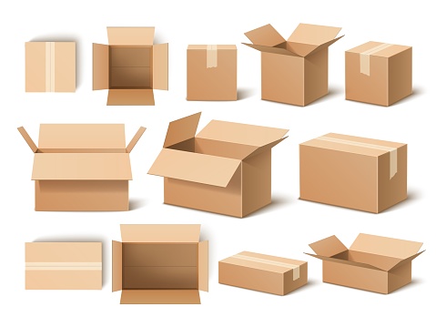 Realistic boxes. 3d cardboard opened and closed packaging template, shipping containers, post delivery, empty paper objects, brown box vector set