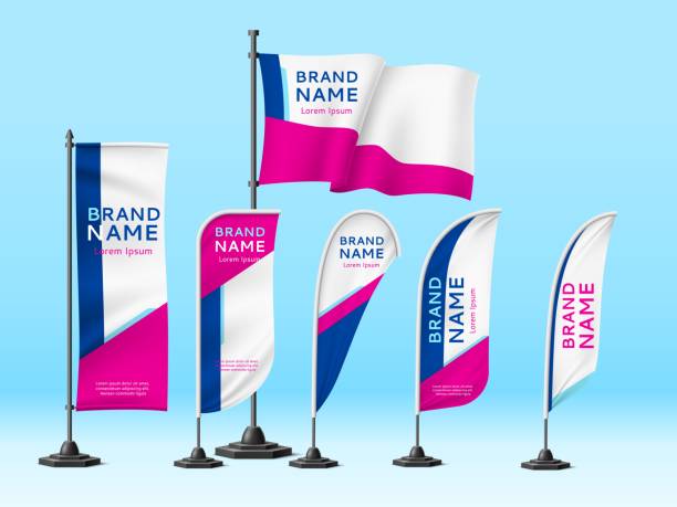 Flags banners identity. Realistic unified design promotional sign, fabric branded mockup, advertisement marketing and event info. Vector set Flags banners identity. Realistic unified design promotional sign, fabric branded mockup, outdoor advertisement marketing and event info vector set feather flag stock illustrations