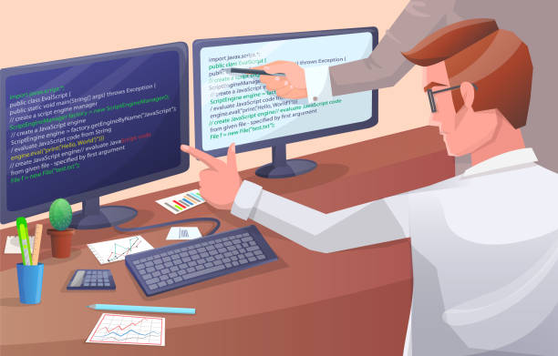 Office worker man sitting at desk with computer. Programmer writing program code pointing to display Office worker man sitting at desk with computers. Businessman or clerk working at his office table, programmer writing program code. System administrator office worker performs work on data processor How to Successfully Complete Your MATLAB Coder Assignment stock illustrations