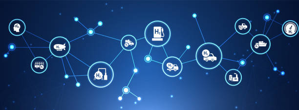 istock Hydrogen economy vector illustration. Concept with connected icons related to hydrogen use as fuel, in industrial processes, hydrogen storage and transport 1340082556