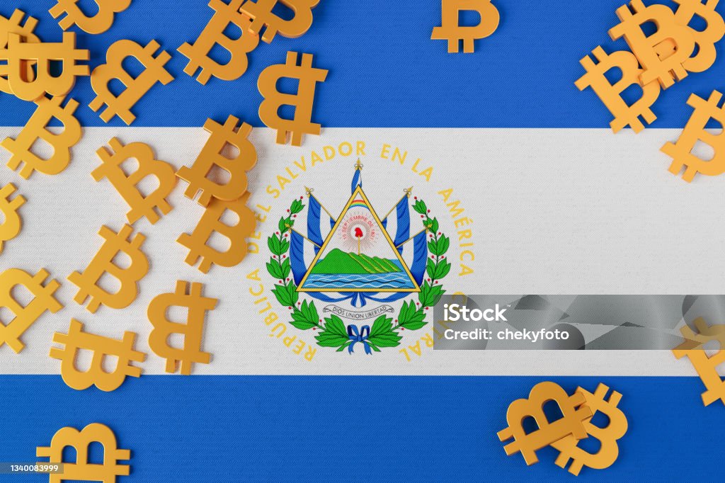 El Salvador flag with Bitcoin icons above El Salvador flag with Bitcoin icons above it. 3d illustration El Salvador Stock Photo