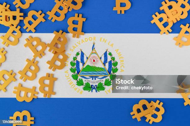 El Salvador Flag With Bitcoin Icons Above Stock Photo - Download Image Now - El Salvador, Bitcoin, Currency