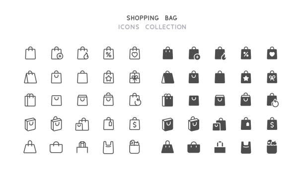 ilustraciones, imágenes clip art, dibujos animados e iconos de stock de iconos de bolsas de compras planas y de línea - shopping