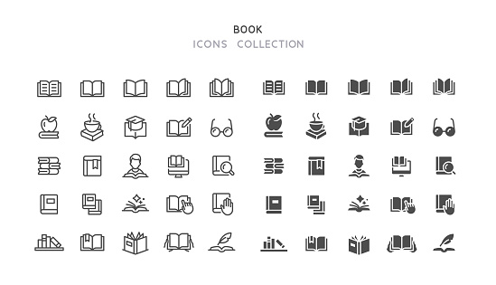 Set of book vector icons. Line and flat design. Editable line stroke.