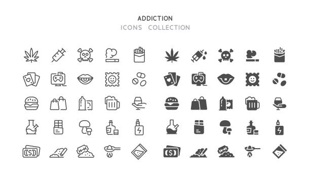 ilustraciones, imágenes clip art, dibujos animados e iconos de stock de iconos de audio plano y de línea - narcotic drug abuse addict heroin