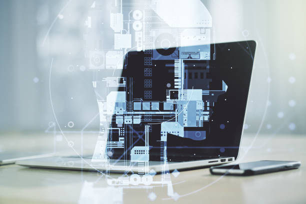 istock Double exposure of creative artificial Intelligence symbol with modern laptop on background. Neural networks and machine learning concept 1340087548